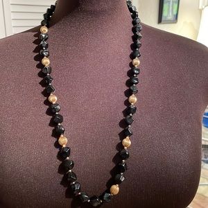 Vintage 1960’s Black Bead Necklace with Gold Beads